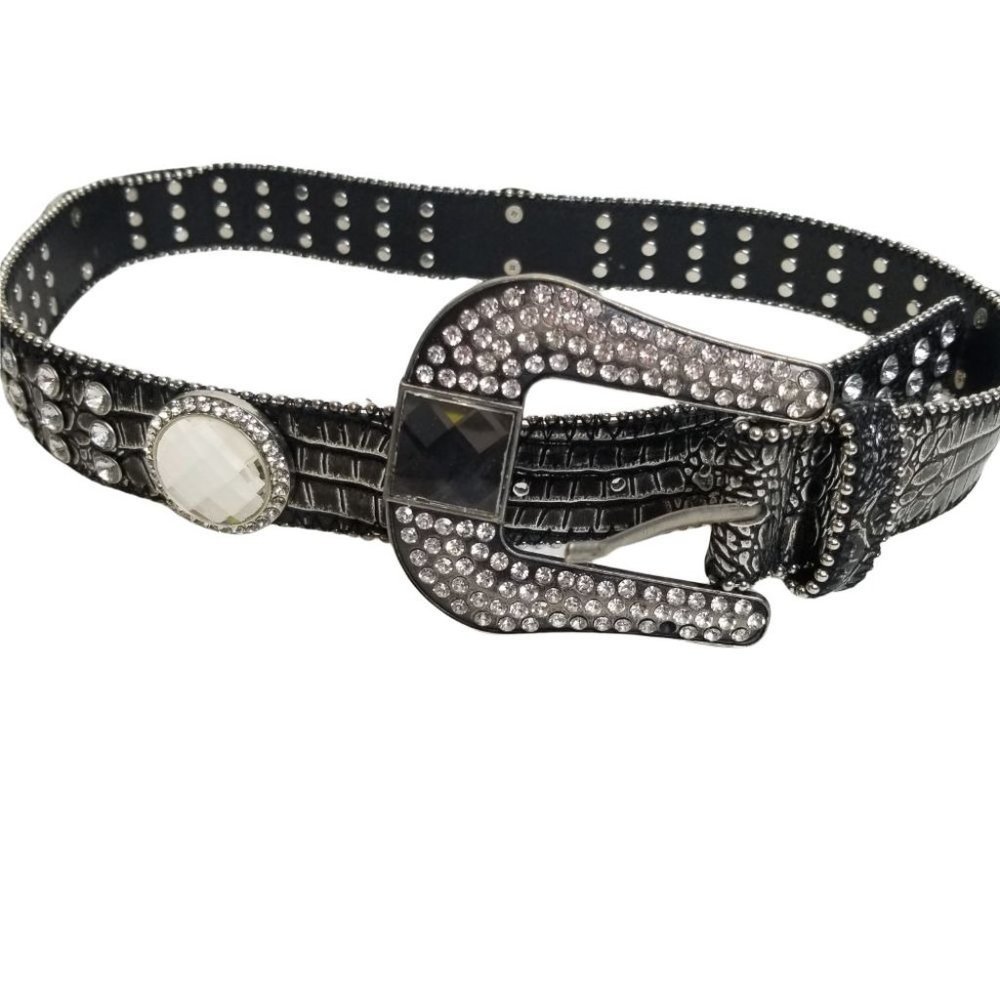 Buckle Mens M Black Faux Leather Rhinestone Belt Waist 32"-36" Adjustable